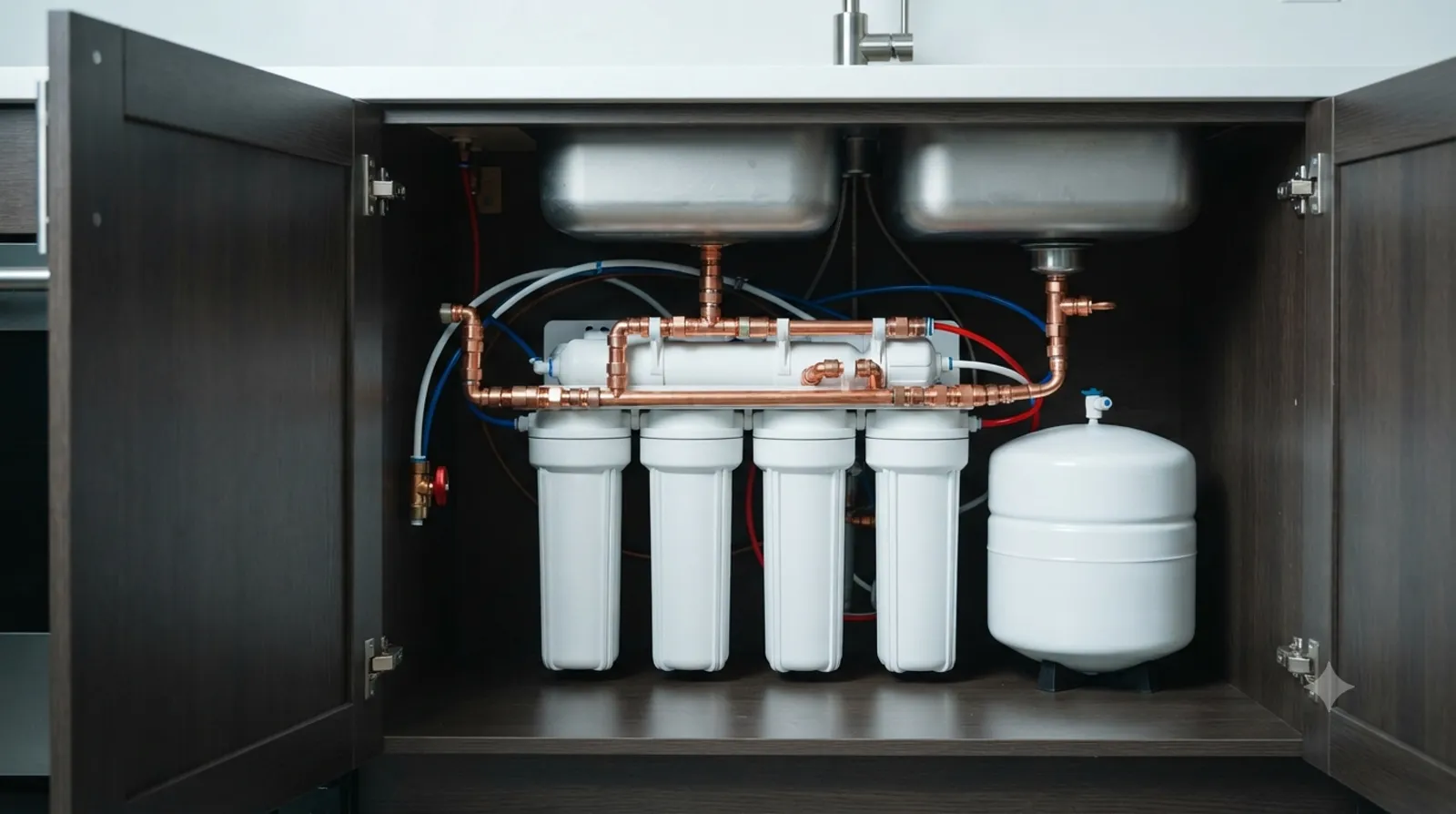 An open kitchen sink cabinet holding a four-canister under-sink water filter system plumbed in copper beneath a double stainless sink, with a white pressure tank beside it.