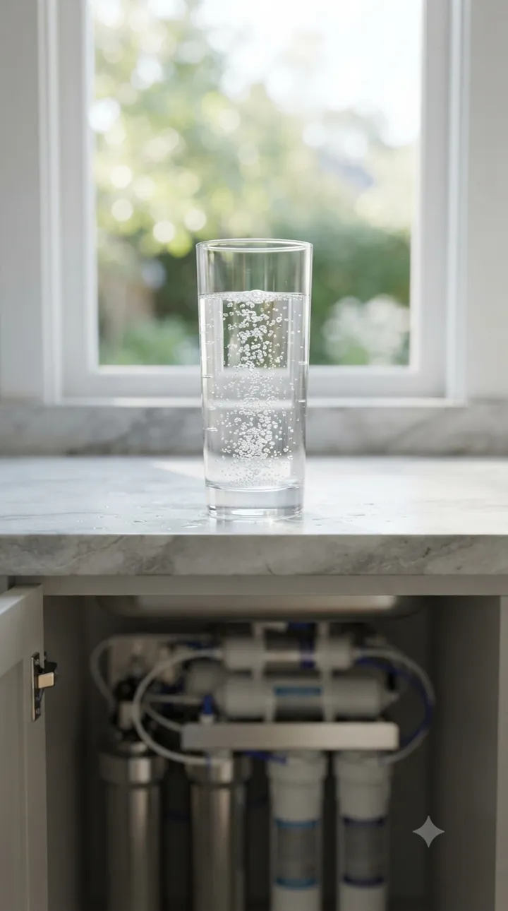 A tall glass of clear filtered water on a marble counter in front of a bright kitchen window, with an under-sink filter system visible in the open cabinet below.
